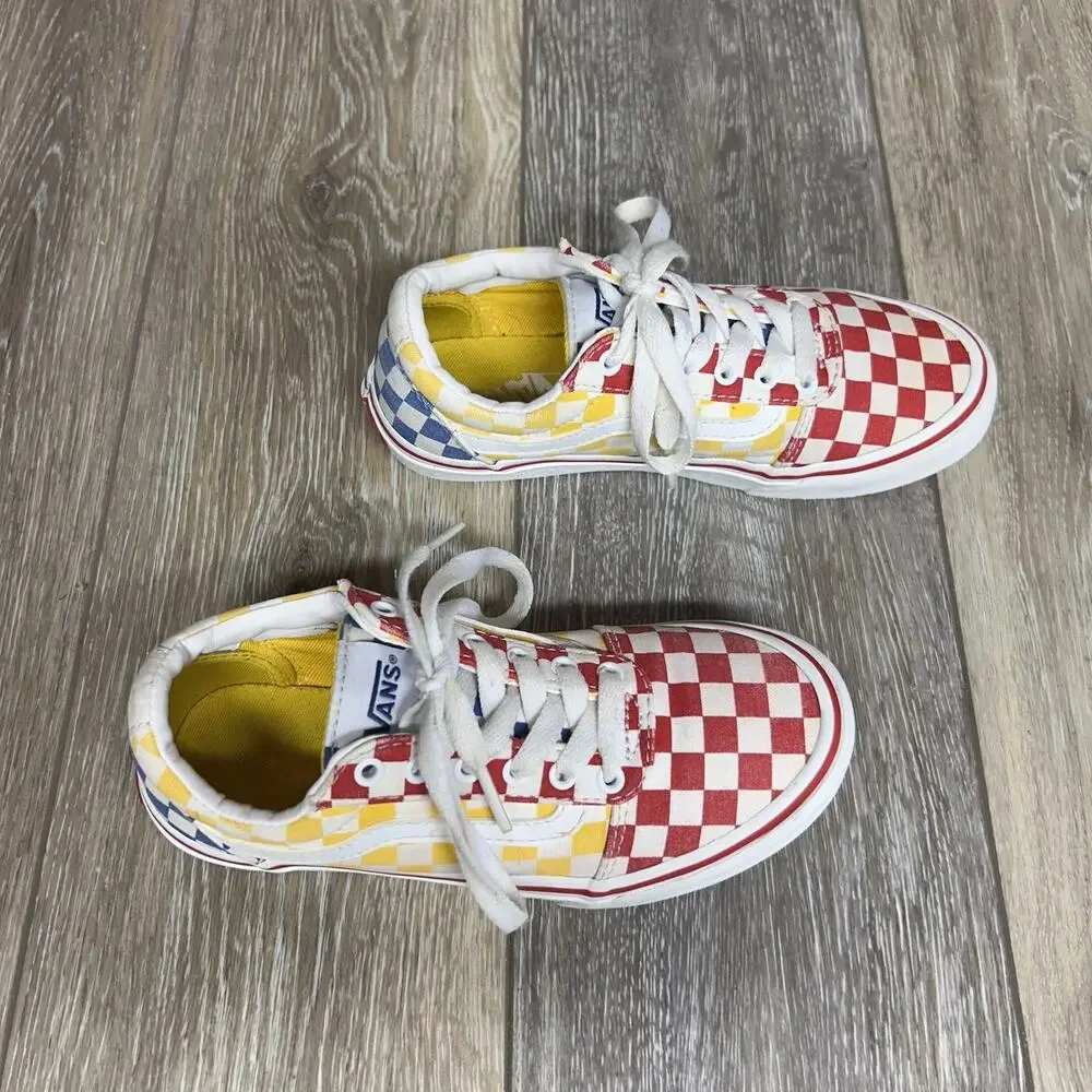 Vans Off The Wall Youth US Size 1 Red Yellow Blue Checkerboard Shoes Old Skool